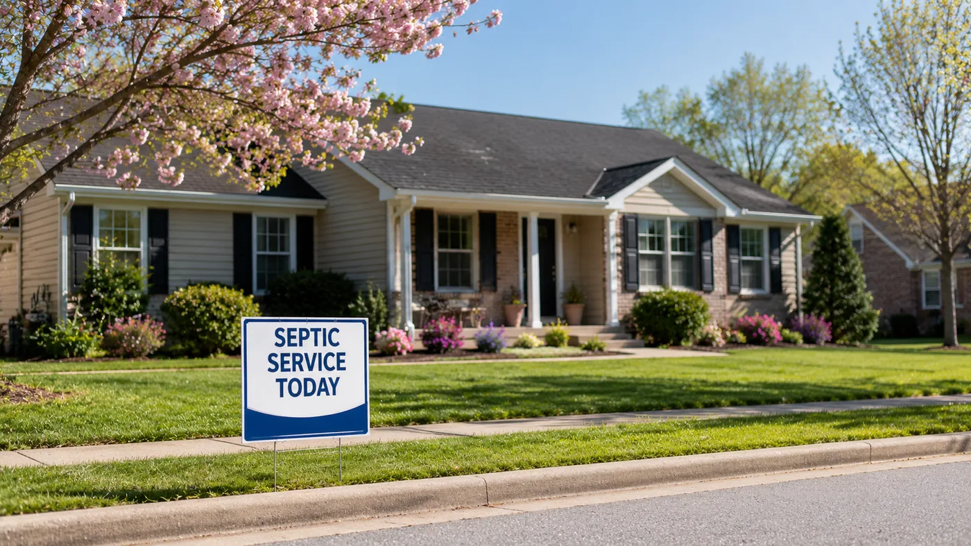 Yard sign reading Septic Service Today in front of a single family home with cherry blossoms