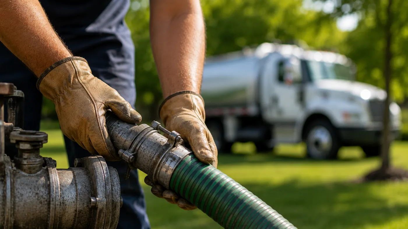 Close up of a septic pump hose connection during residential septic tank pumping service