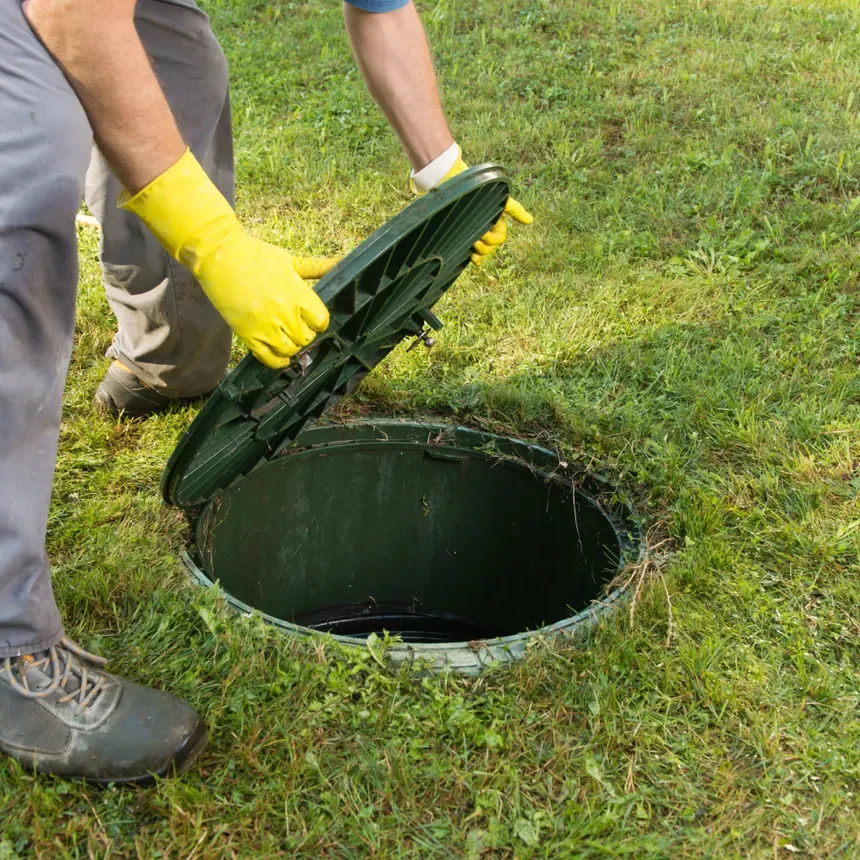 Septic technician with yellow gloves opening a tank lid for a system evaluation
