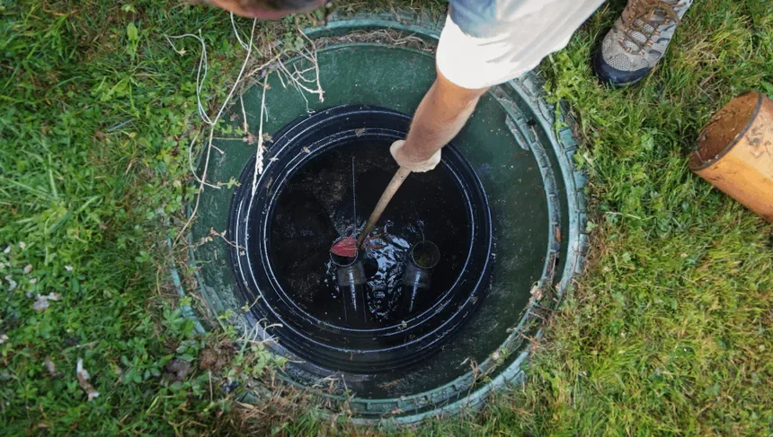 Top down view of a septic technician measuring sludge depth inside an open septic tank during a cleaning